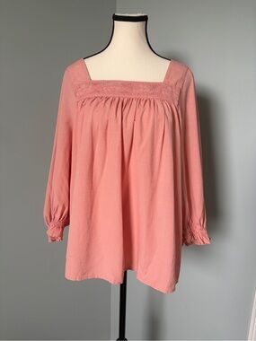 🔥🆕🔥 LC Lauren Conrad Dusty Rose Peasant Blouse Size L Square Neck Lace Trim
